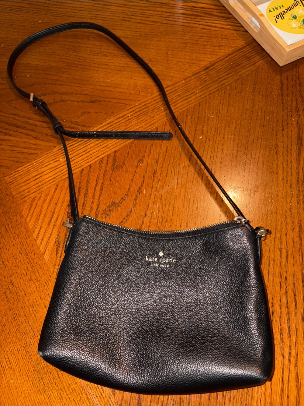 kate spade black pebbled leather crossbody with gold logo